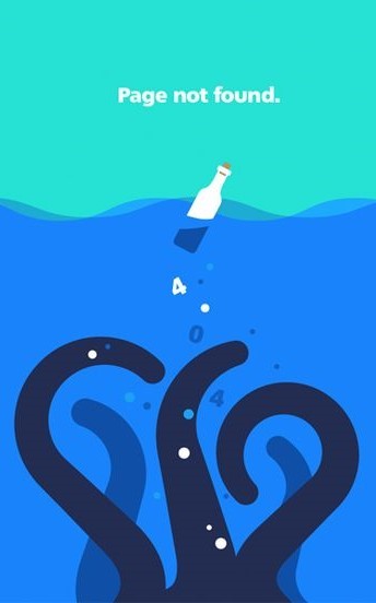 Octopus underwater reaching for a bottle at the surface, with "404 page not found" text above the bottle