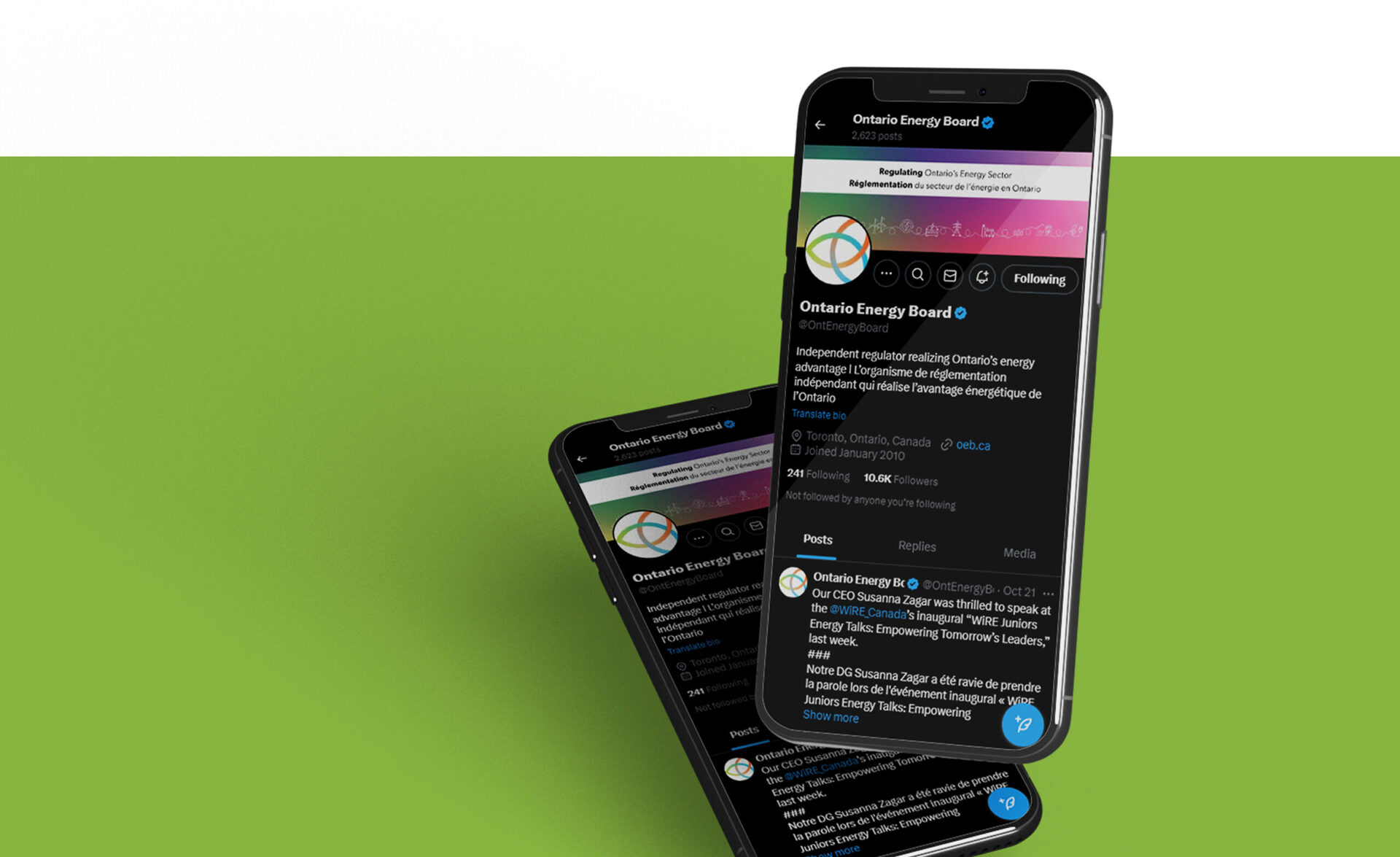 A mockup of Ontario Energy Board's twitter account on a phone