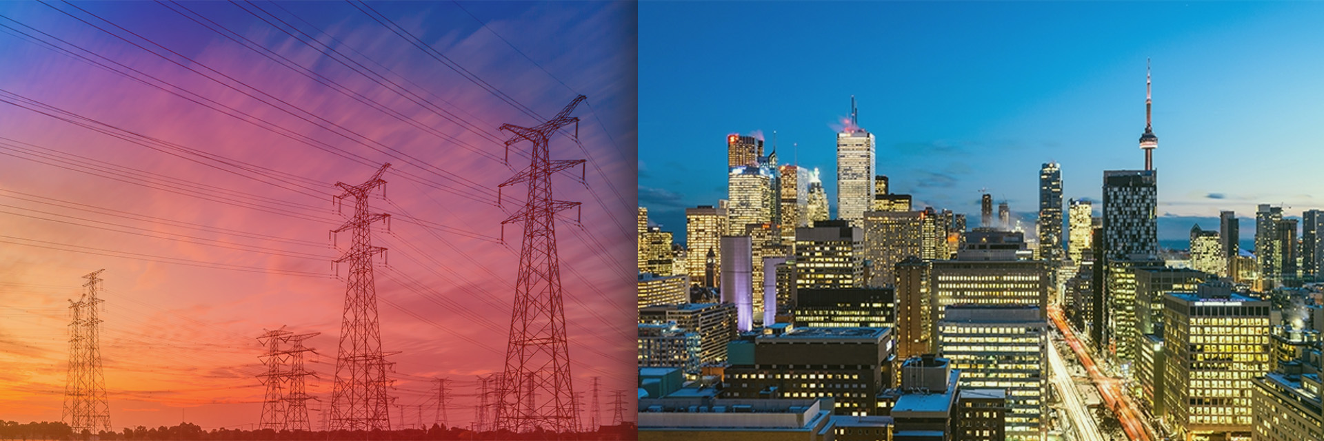 Side by side images of a power grid and downtown Toronto lit up at night