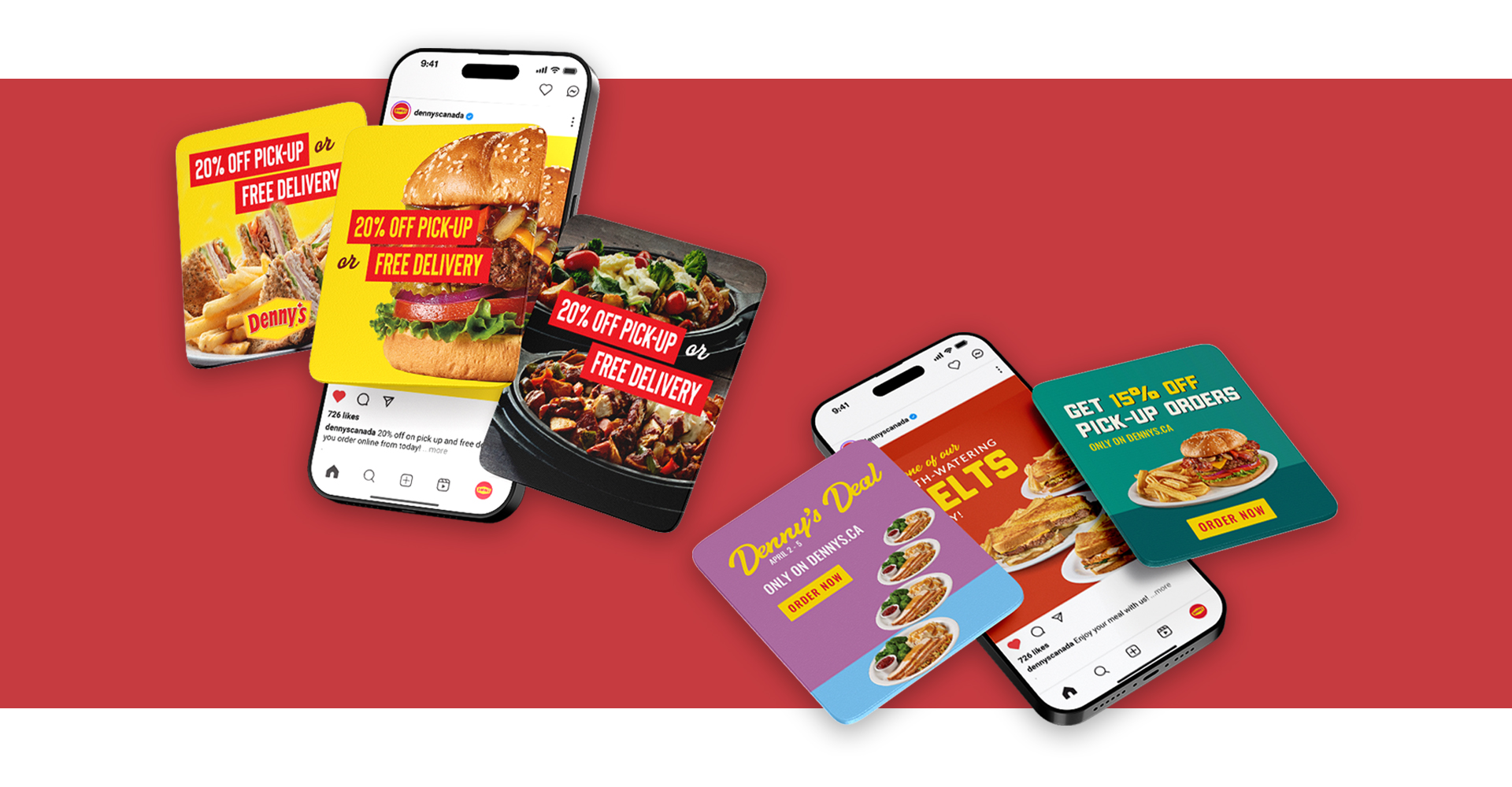 Phone mocks of social media ads for Denny's, focusing on the current menu. Some images show burgers, while others show skillets